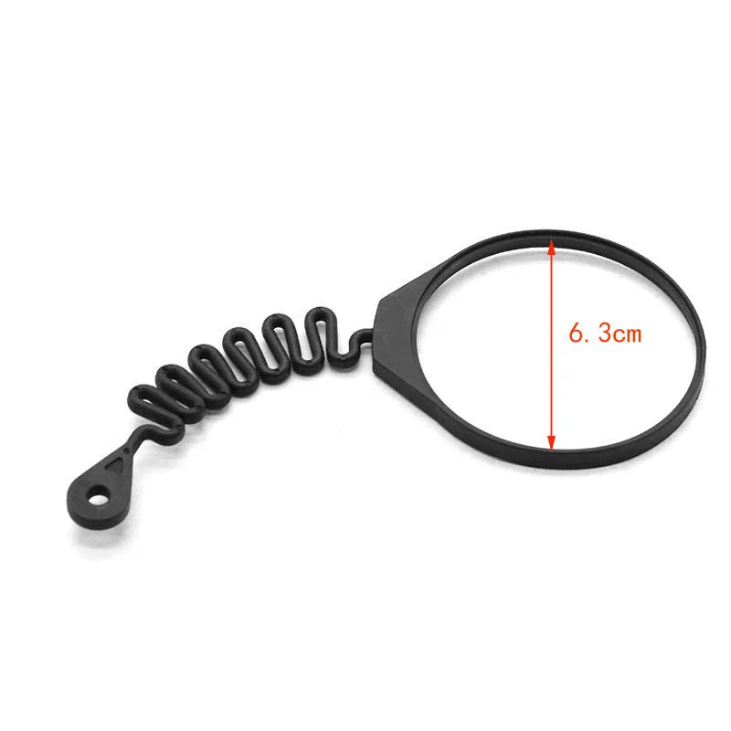 Black rubber fuel cap anti-lost tether for Volvo vehicles showing circle band and separate rope attachment styles