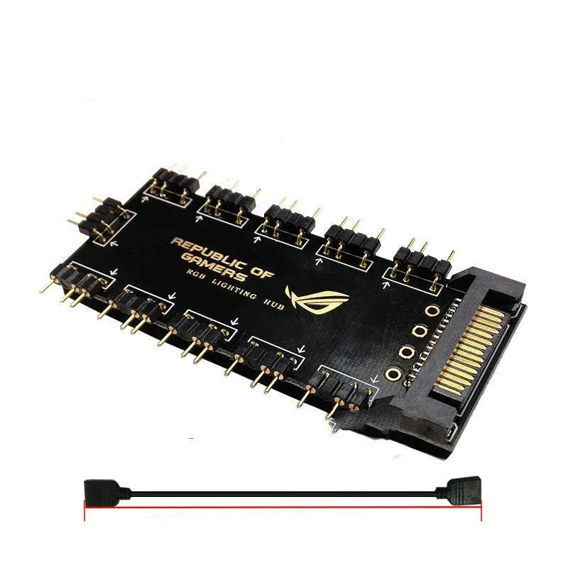 Black PC RGB hub with 10 ARGB ports and SATA power cable for motherboard lighting extension