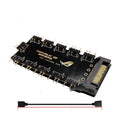 Black PC RGB hub with 10 ARGB ports and SATA power cable for motherboard lighting extension