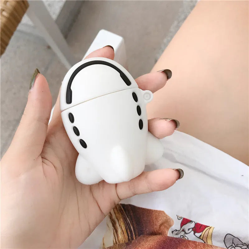 Blue silicone flip case for AirPods with cartoon airplane design and metal carrying hook.