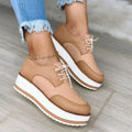 Women's lace-up flat casual shoes with checkerboard pattern, thick sole, and round toe in khaki