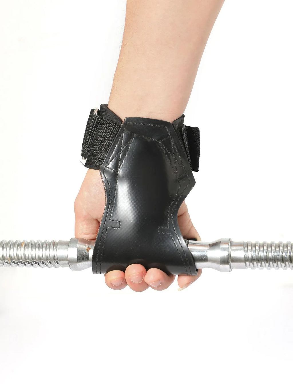 Pair of black booster hose rubber assist belts for non-slip palm protection in weightlifting and rock climbing.