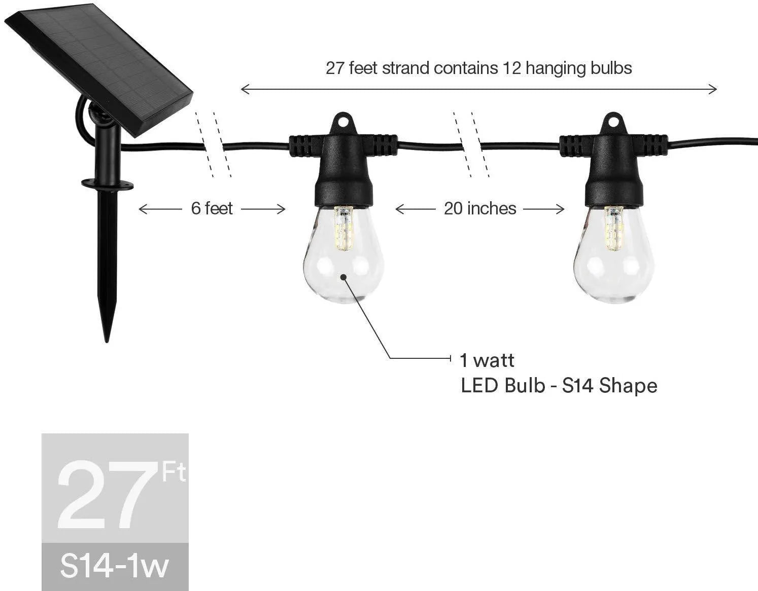 Waterproof outdoor solar string lights with LED bulbs and integrated solar panel for garden illumination