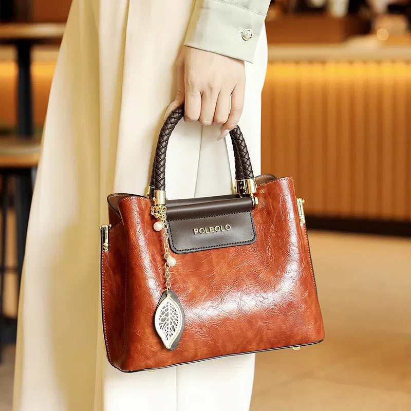 Genuine leather large-capacity tote bag for women mid-age mom style horizontal rectangular shape