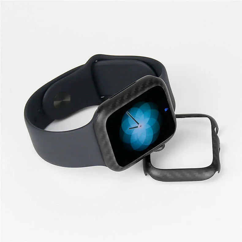 Apple Watch 4 carbon fibre half wrap leather case in 44mm size showing bright black and matt black colour options