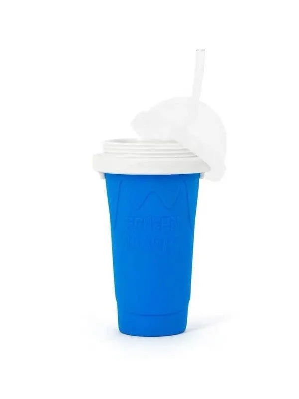 Blue silicone quick refrigeration pinch cup for making slushies, showing cylindrical shape.