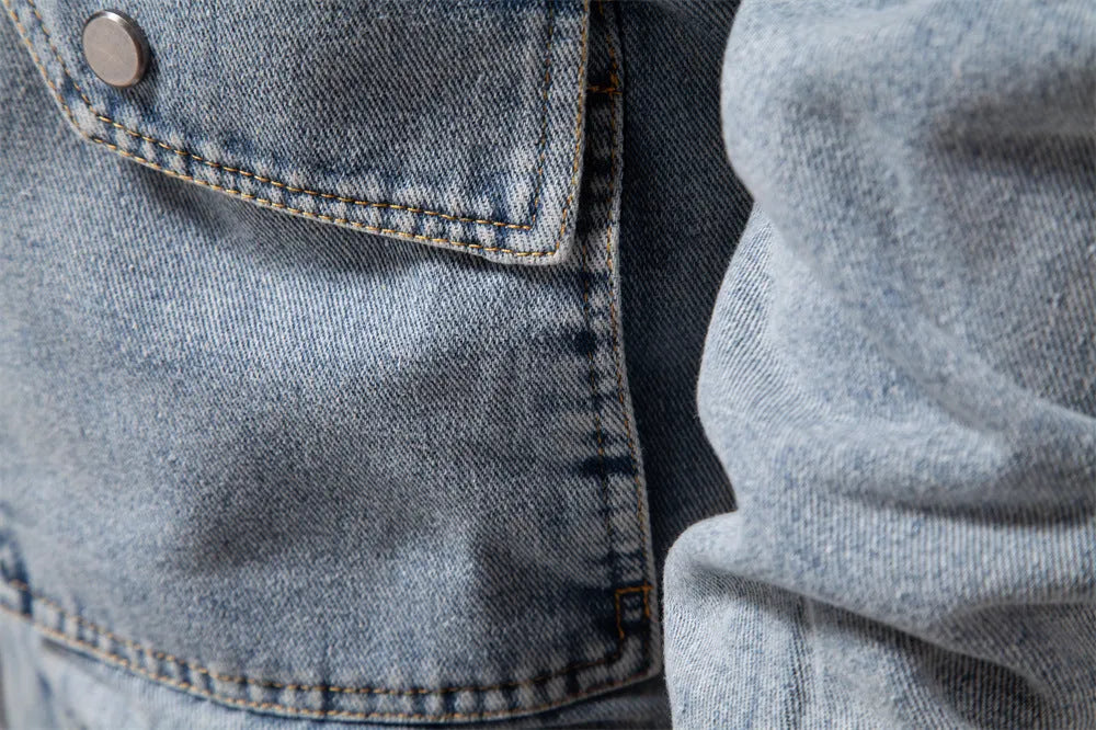Men's plush denim jacket in European size with long sleeves and seam pockets in dark blue