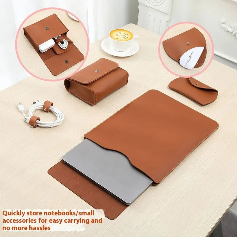 Set of four imitation leather lock-edge corner protectors for MacBook laptops in apricot colour.