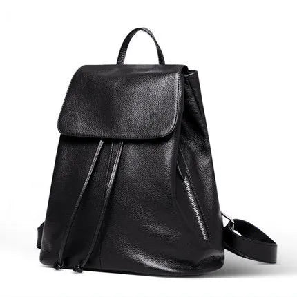 Black genuine leather women's backpack with street trend style and multiple internal pockets.
