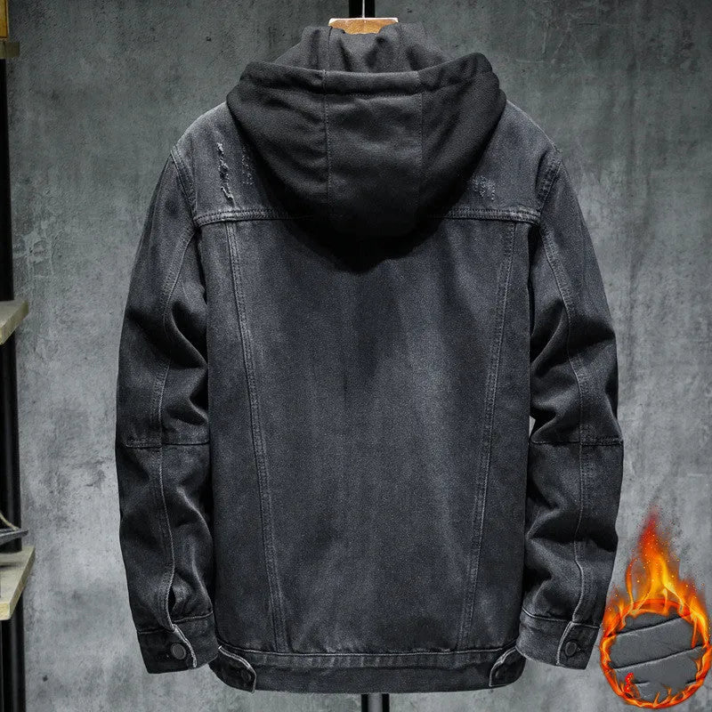 Men's thick denim hooded jacket with lapel collar in black, slim fit cotton winter coat