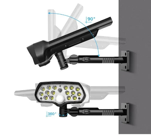 Black solar outdoor garden light with 17 LED beads, 6000-6500K output, IP65 waterproof rating, and 2200mAh battery