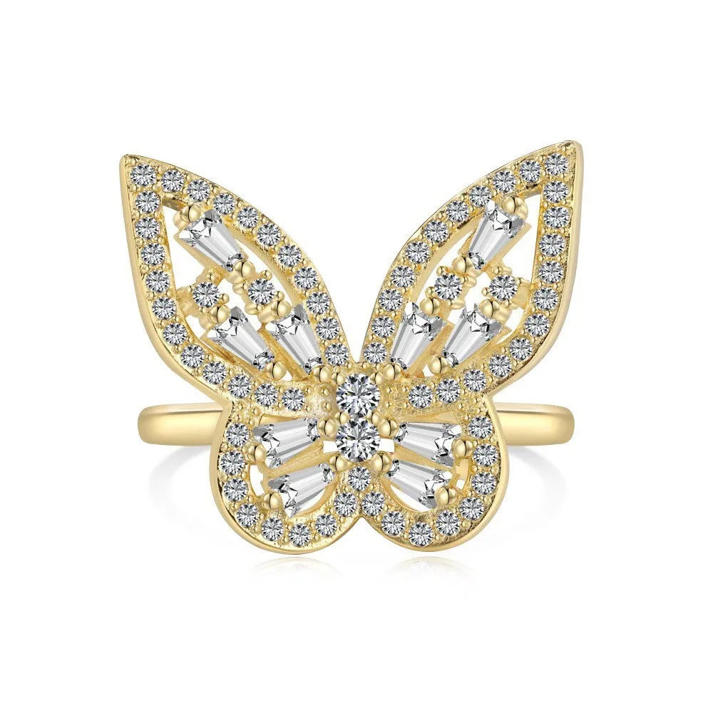 S925 sterling silver butterfly ring with inlaid zircon and adjustable open band in white or gold tone