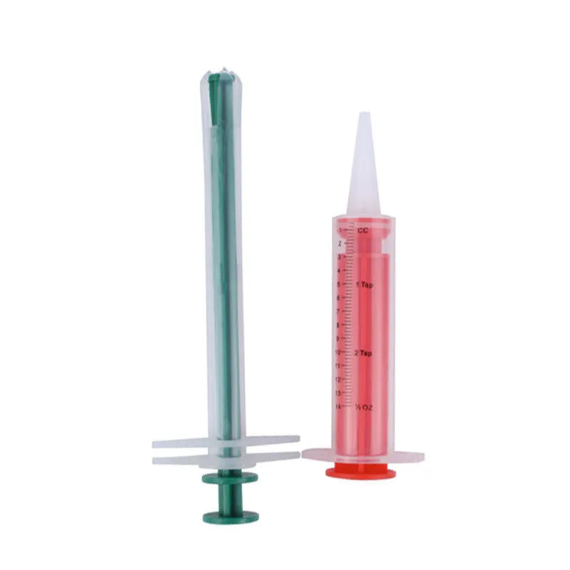 Two pet pill shooters with soft silicone tips for administering cat and dog medicine.