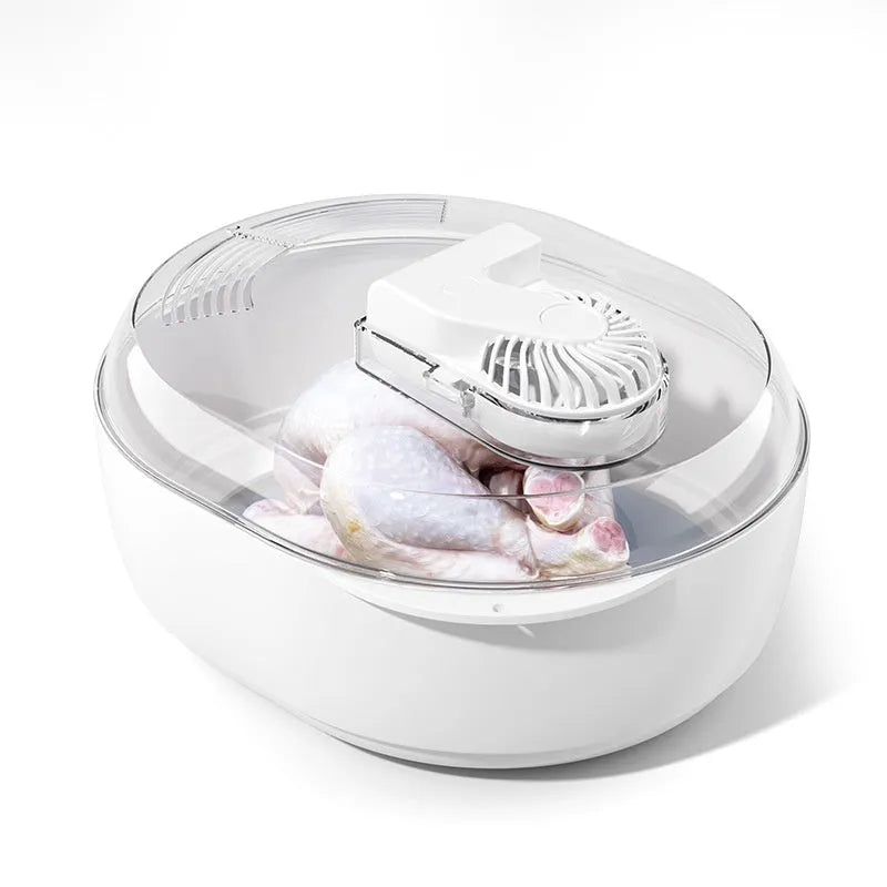 Aluminium household food defrosting plate with modern design on kitchen countertop