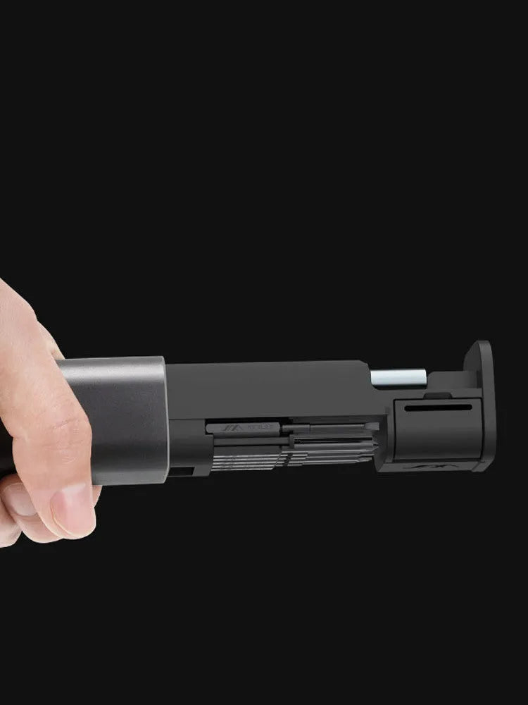 Black multi-function screwdriver set in aluminium tube with magnetic insulated bits for phone and home repair