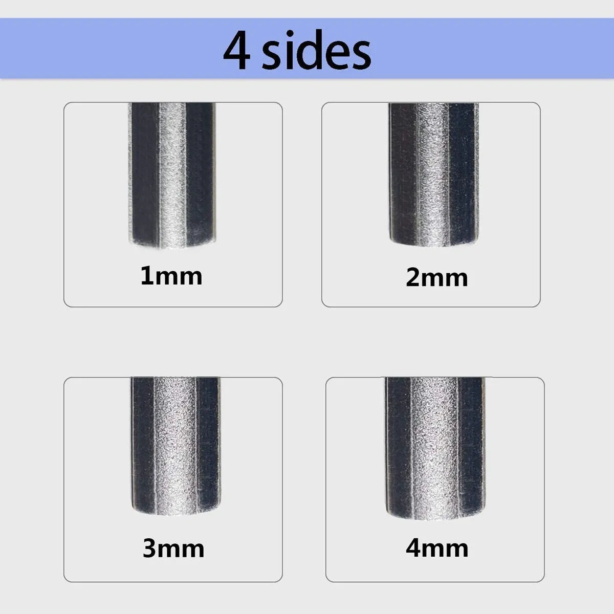 Square guitar fret edge file with four gauge slots 1mm 2mm 3mm 4mm, carbon steel body, diamond grit, wooden handle