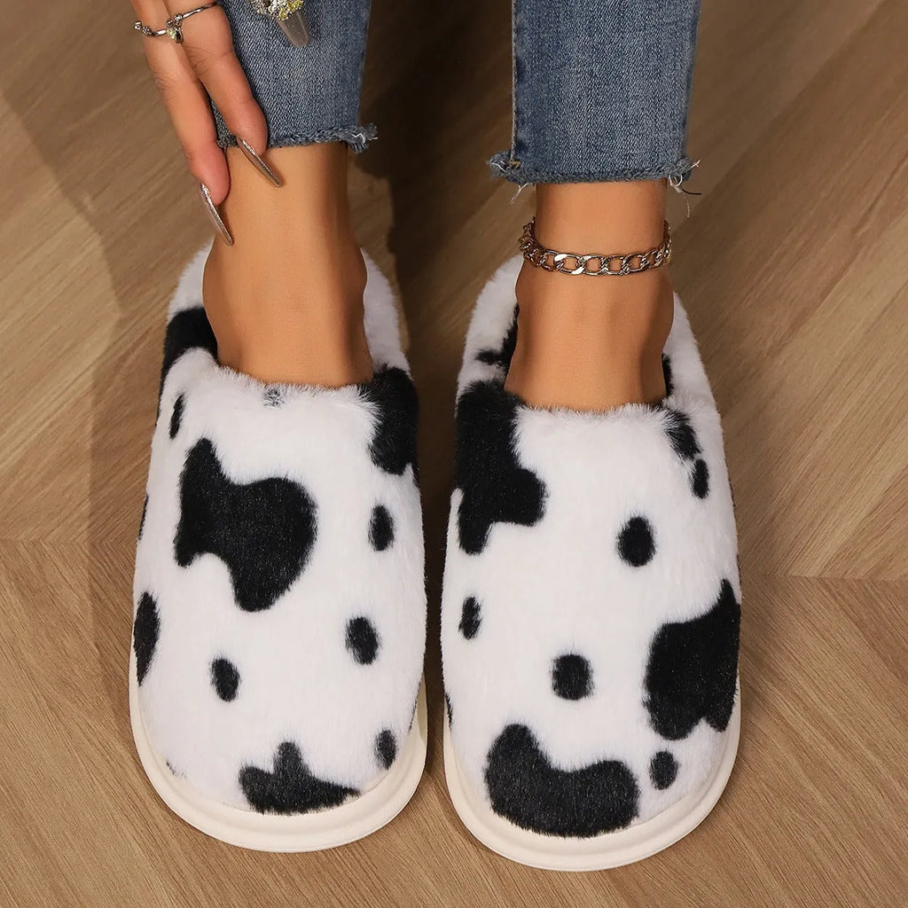 Cow spotted plush slippers in brown with non-slip sole winter indoor footwear