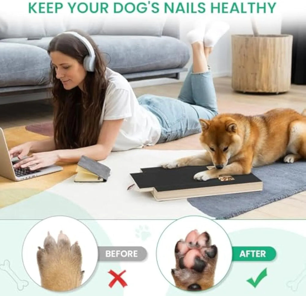 Black wooden dog nail scratch board with treat drawer and non-slip base pads.