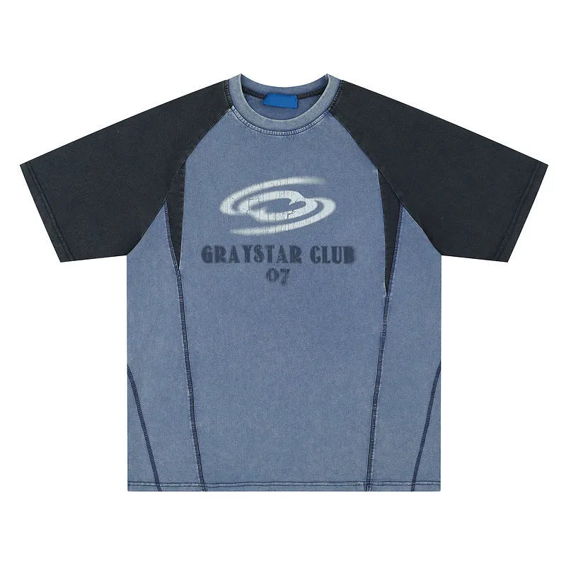 Men's blue hip hop letter print t-shirt with raglan sleeves on a hanger