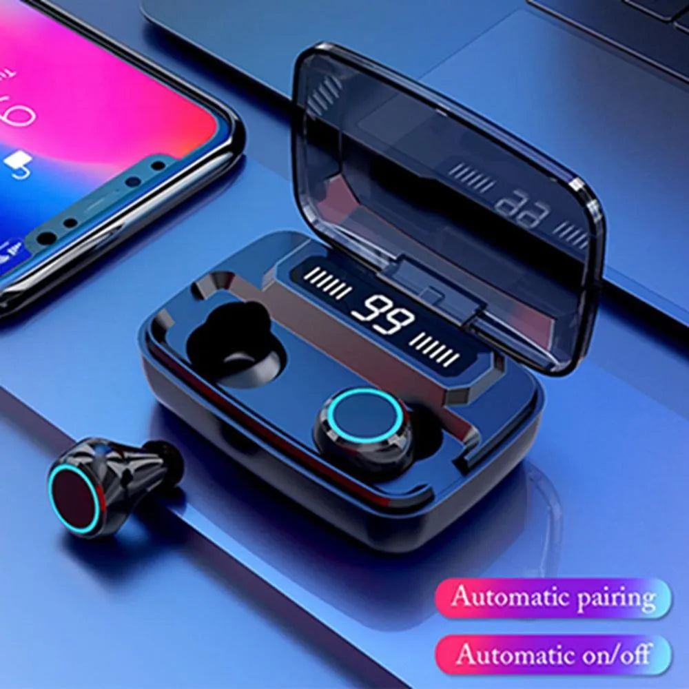 M11 5.0 Bluetooth headset in black with IPX7 waterproof rating and 1200mAh charging case