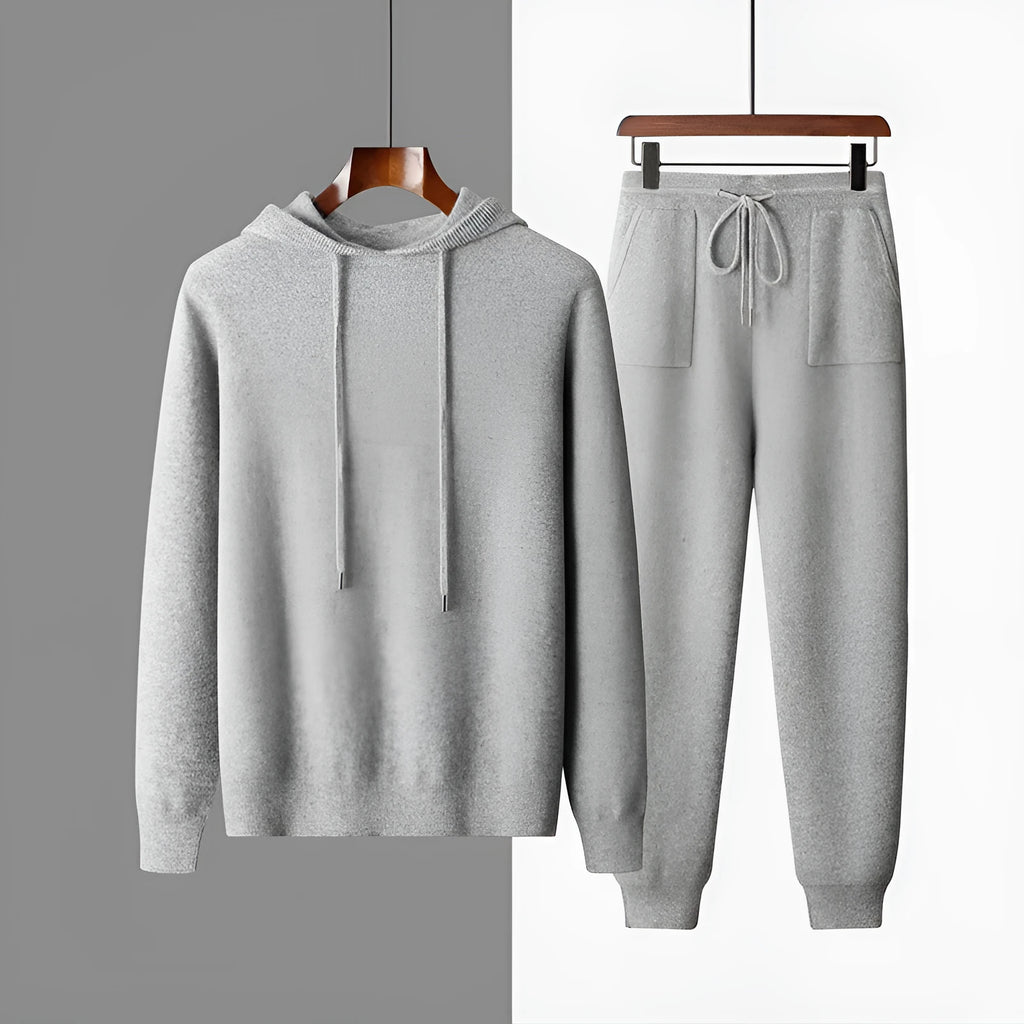 Men's light gray cashmere hooded knitted sweatshirt and matching long pants set for winter leisure wear