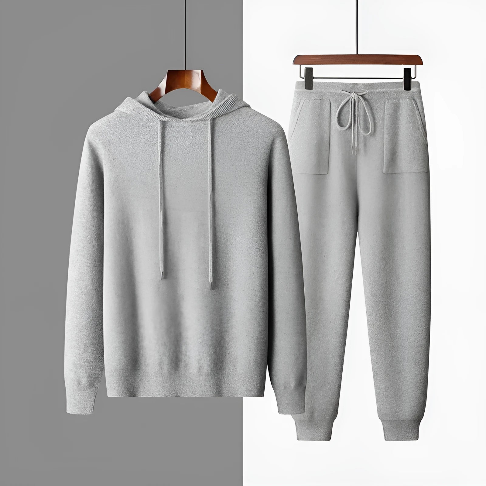 Men's light gray cashmere hooded knitted sweatshirt and matching long pants set for winter leisure wear
