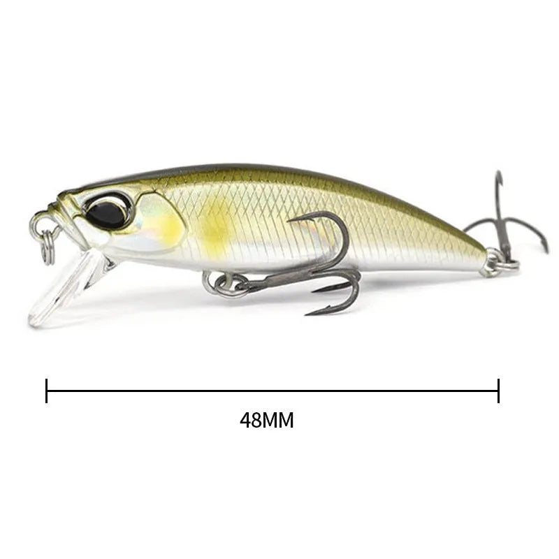 48mm hard body fishing lure for submerged mino technique, shown in multiple colours.
