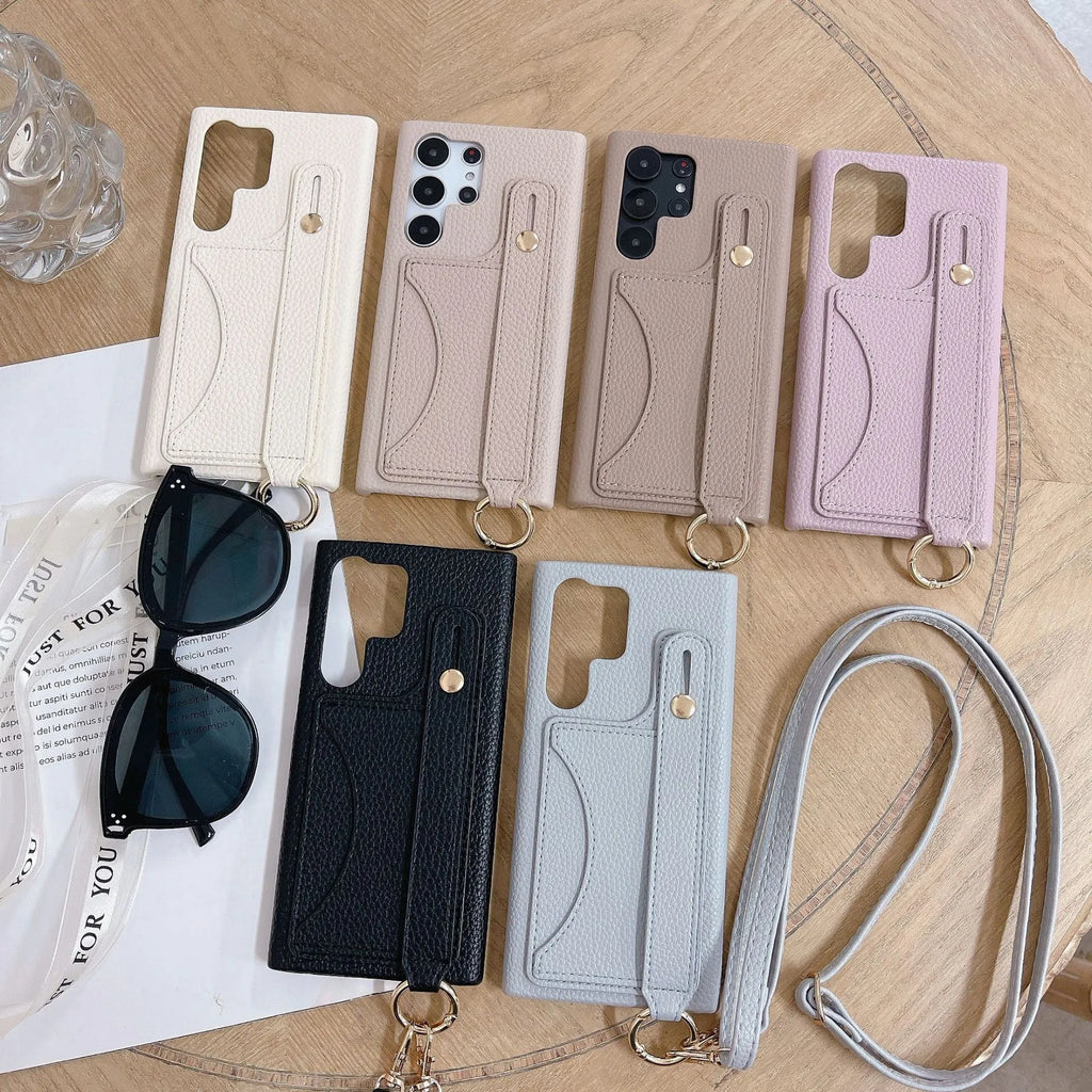 Card holder phone case with frosted finish and mirror detail in light khaki colour