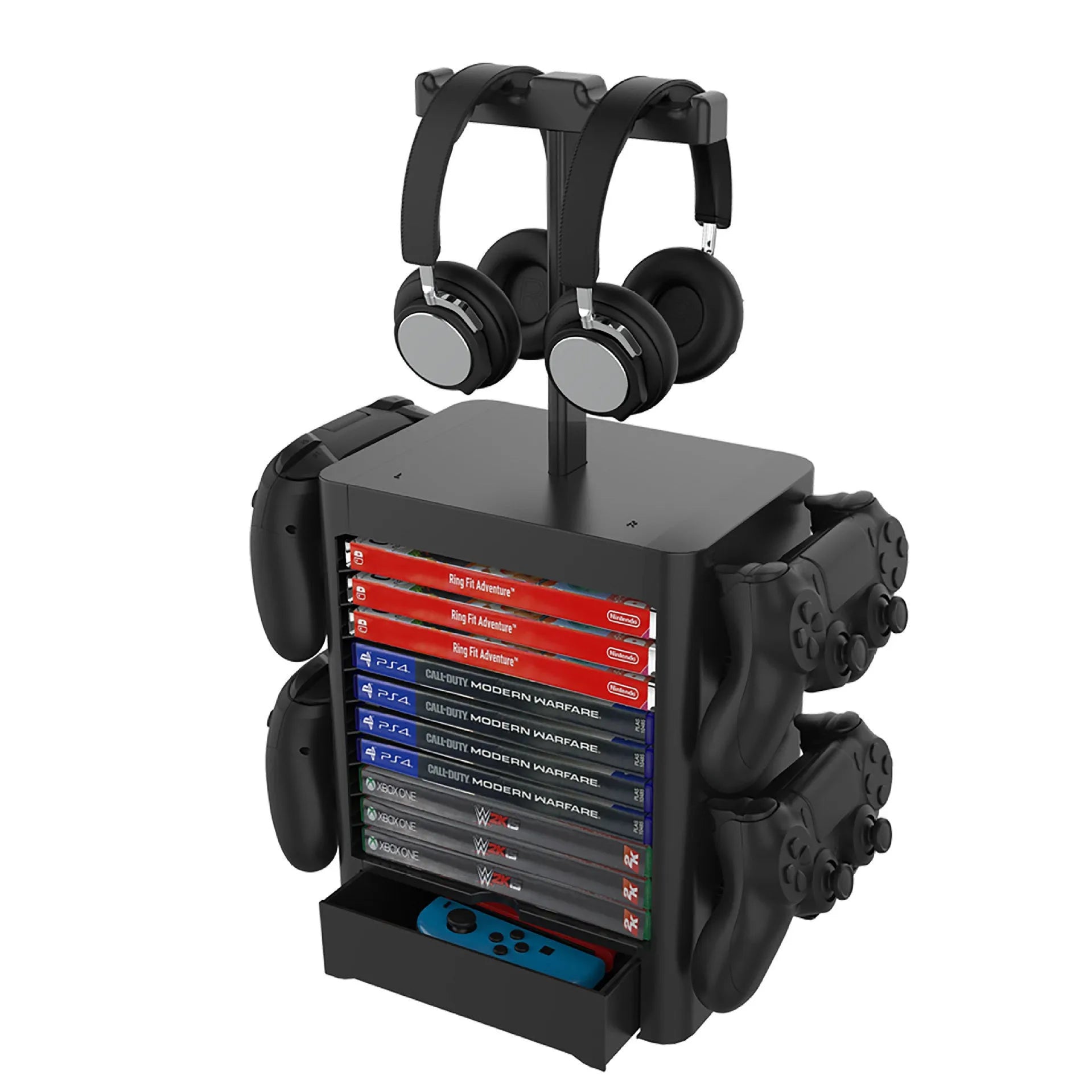 Black ABS plastic game controller and headphone storage rack with side hooks and a drawer.