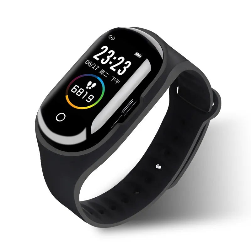 Smart bracelet and Bluetooth earphone combo wearable device with a 1-inch screen on a silicone wristband.