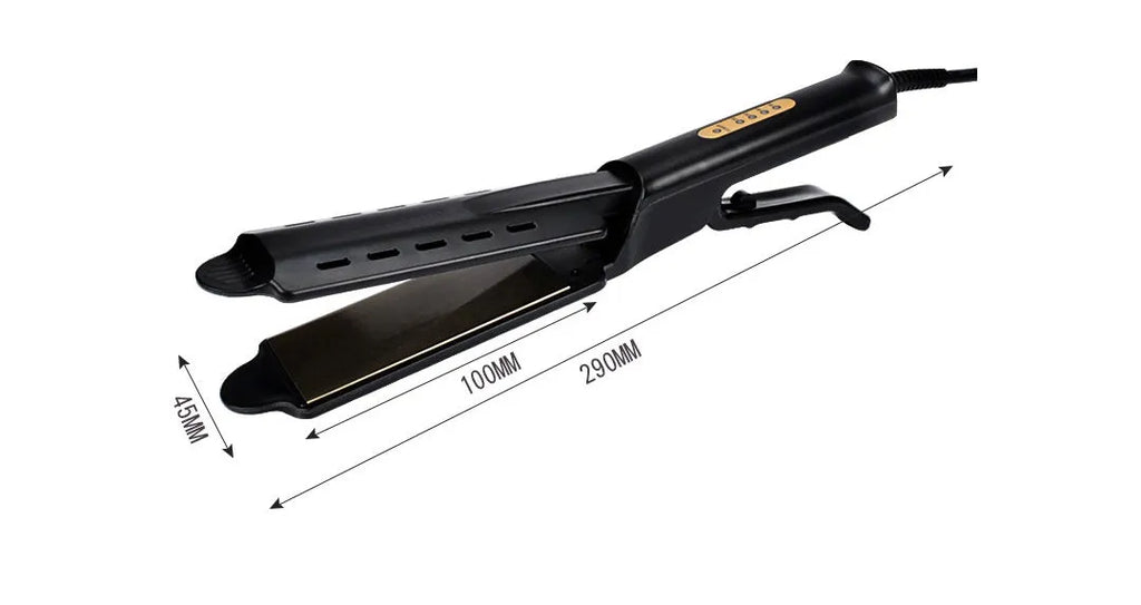 Black four-speed thermostat hair straightener with tourmaline ceramic plates, LCD control, and anti-scald groove design