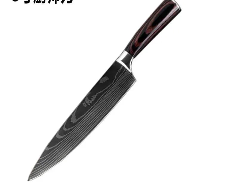 Kitchen knife set with Damascus pattern blades and coloured wood handles on display
