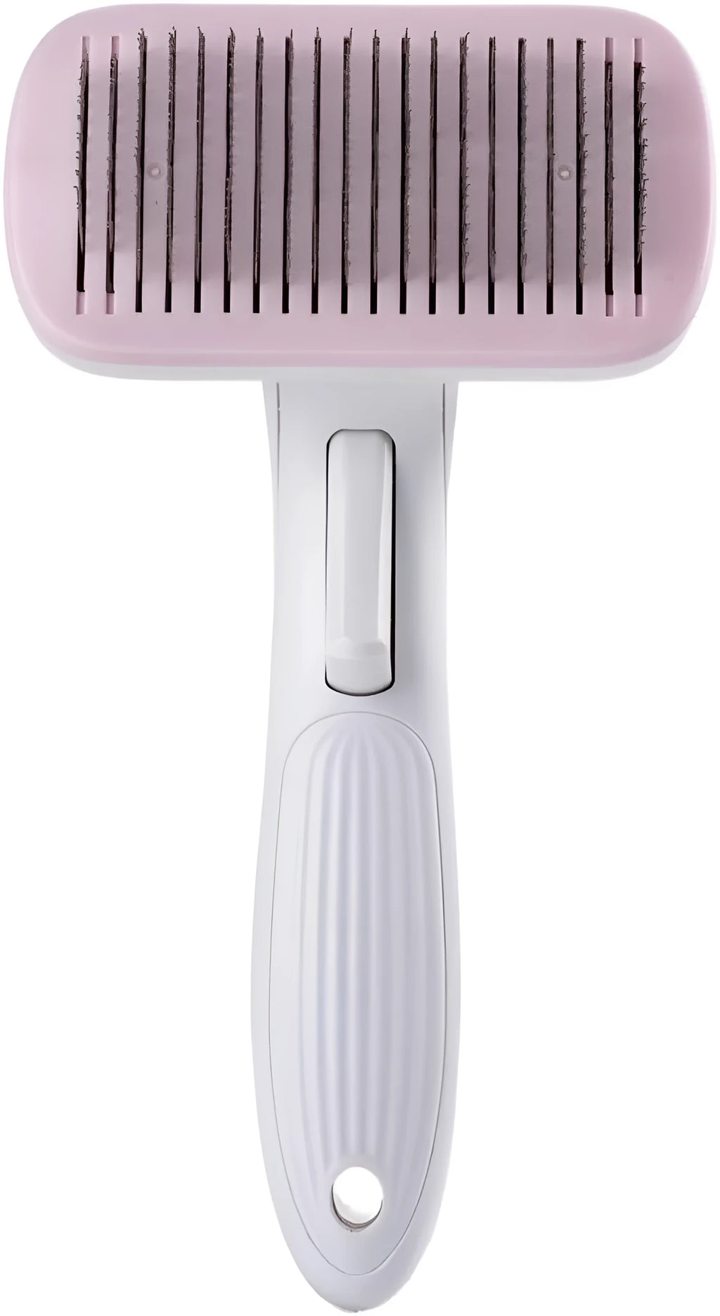 Blue automatic pet hair removal comb for dogs and cats on a white background.