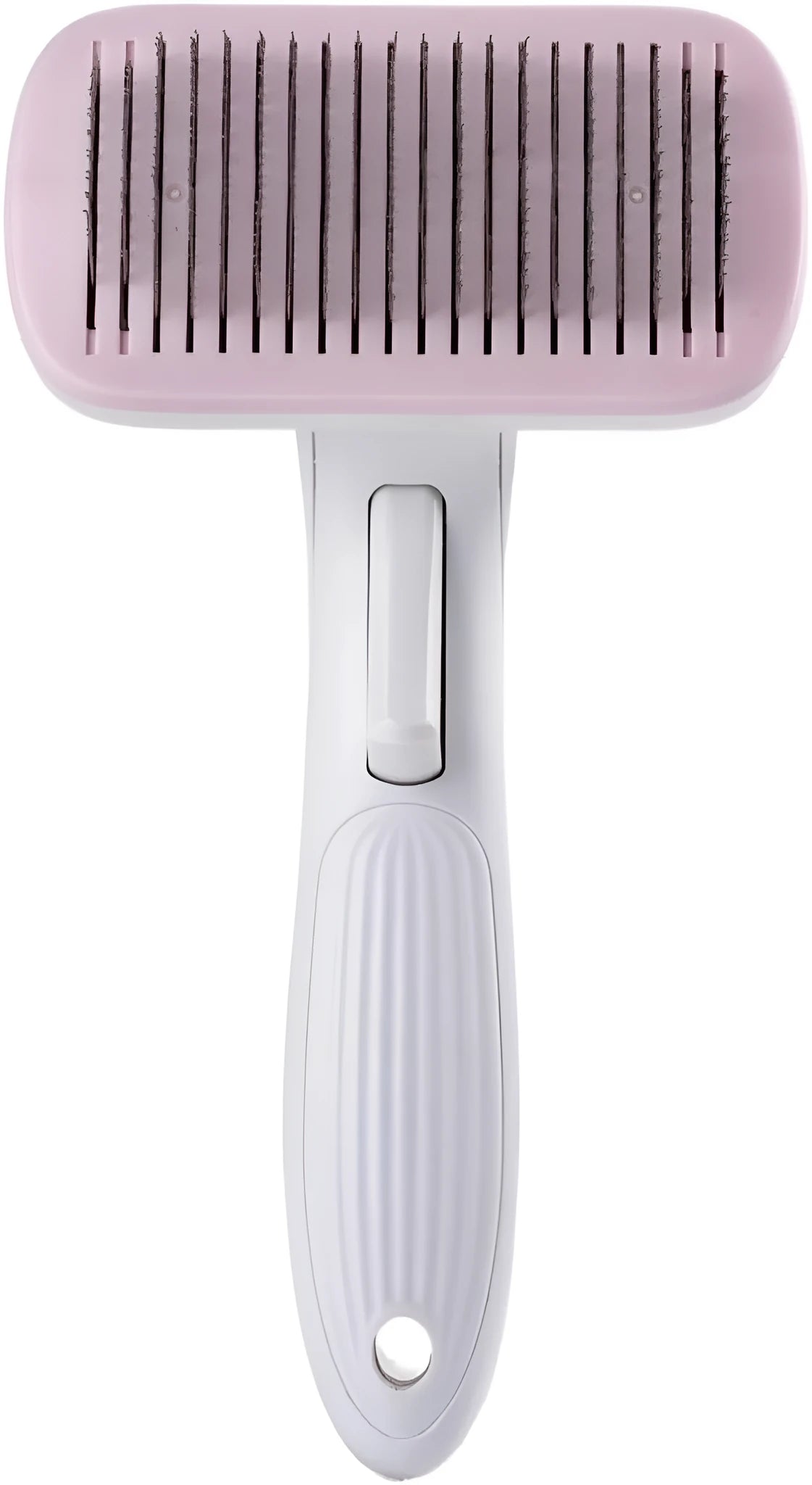 Blue automatic pet hair removal comb for dogs and cats on a white background.