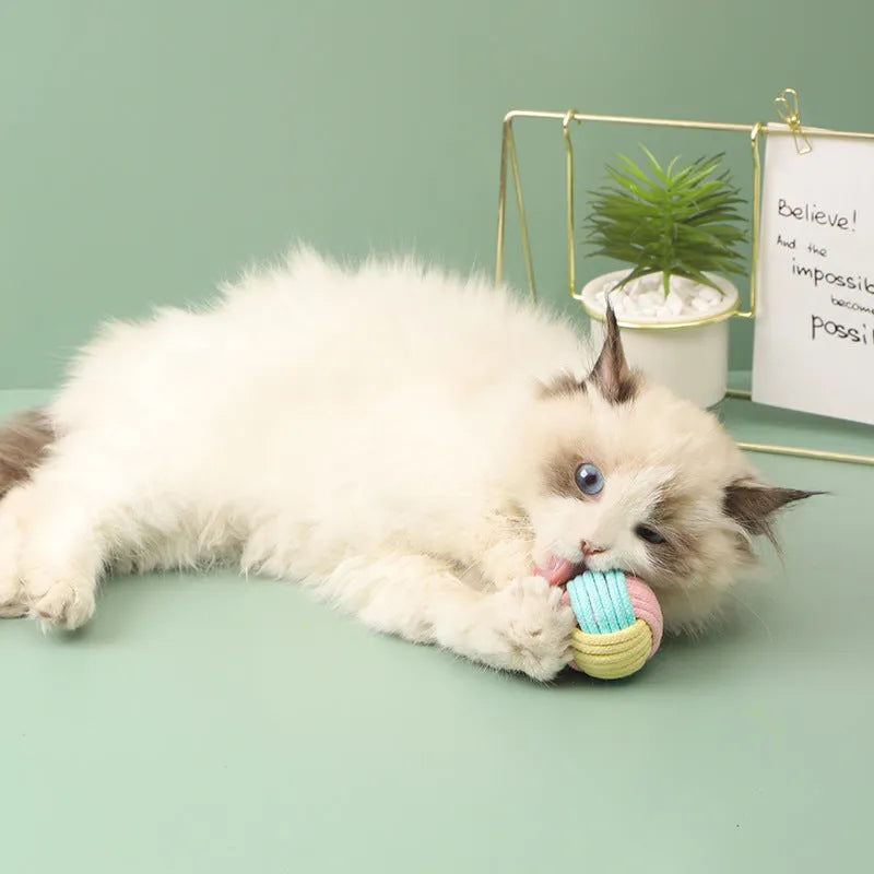 Handmade small blue powder and green plush cotton ball cat toy for teeth grinding.