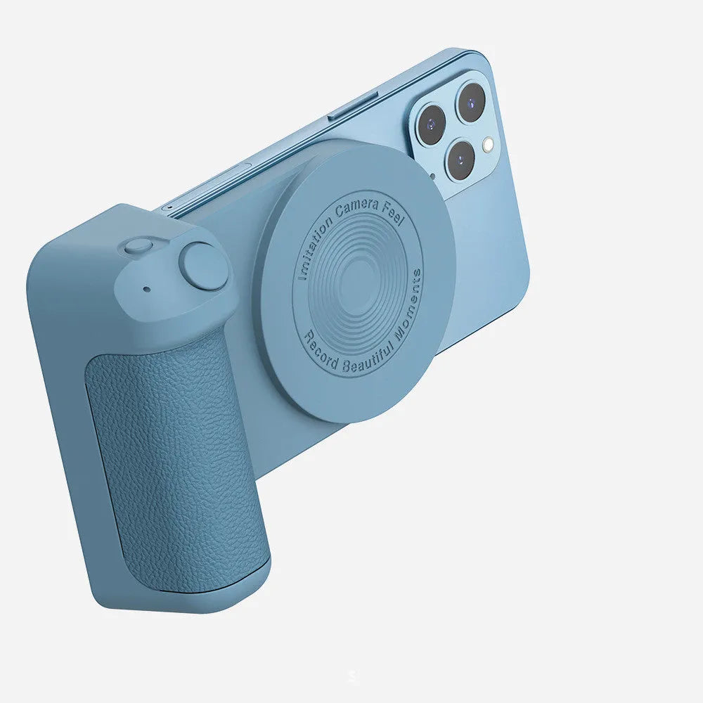 Black magnetic camera bracket with rotatable phone holder and PU leather grip