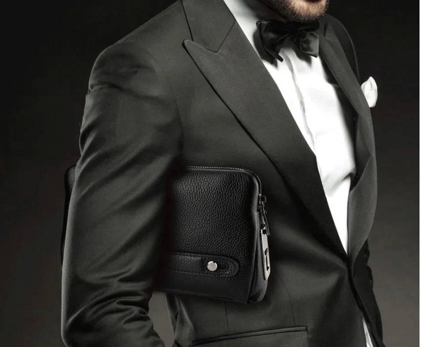 Black mens wallet with fingerprint lock, first layer cowhide, zipper closure, Type-C charging port