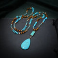 Turquoise blue water drop pendant necklace with mixed gem inlay and ball bead chain