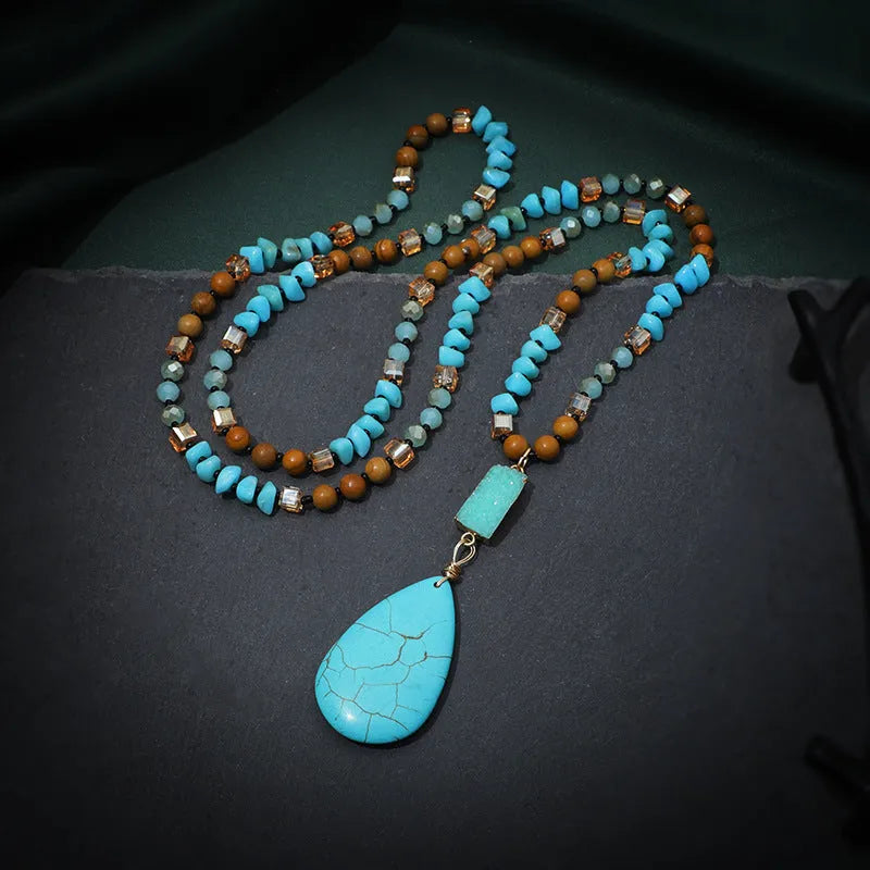 Turquoise blue water drop pendant necklace with mixed gem inlay and ball bead chain