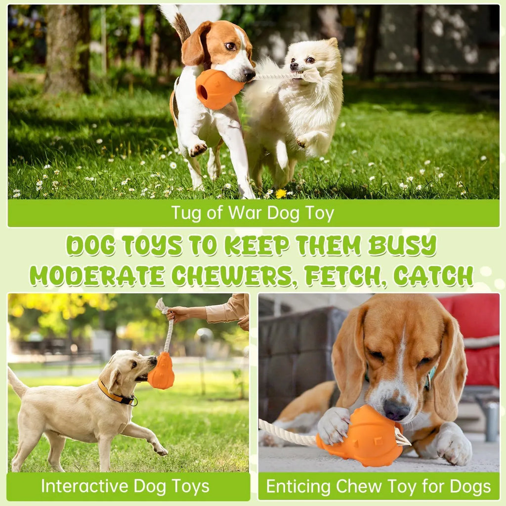 Durable natural rubber dog toy for small medium breeds, shown with a longer strap for fetch.