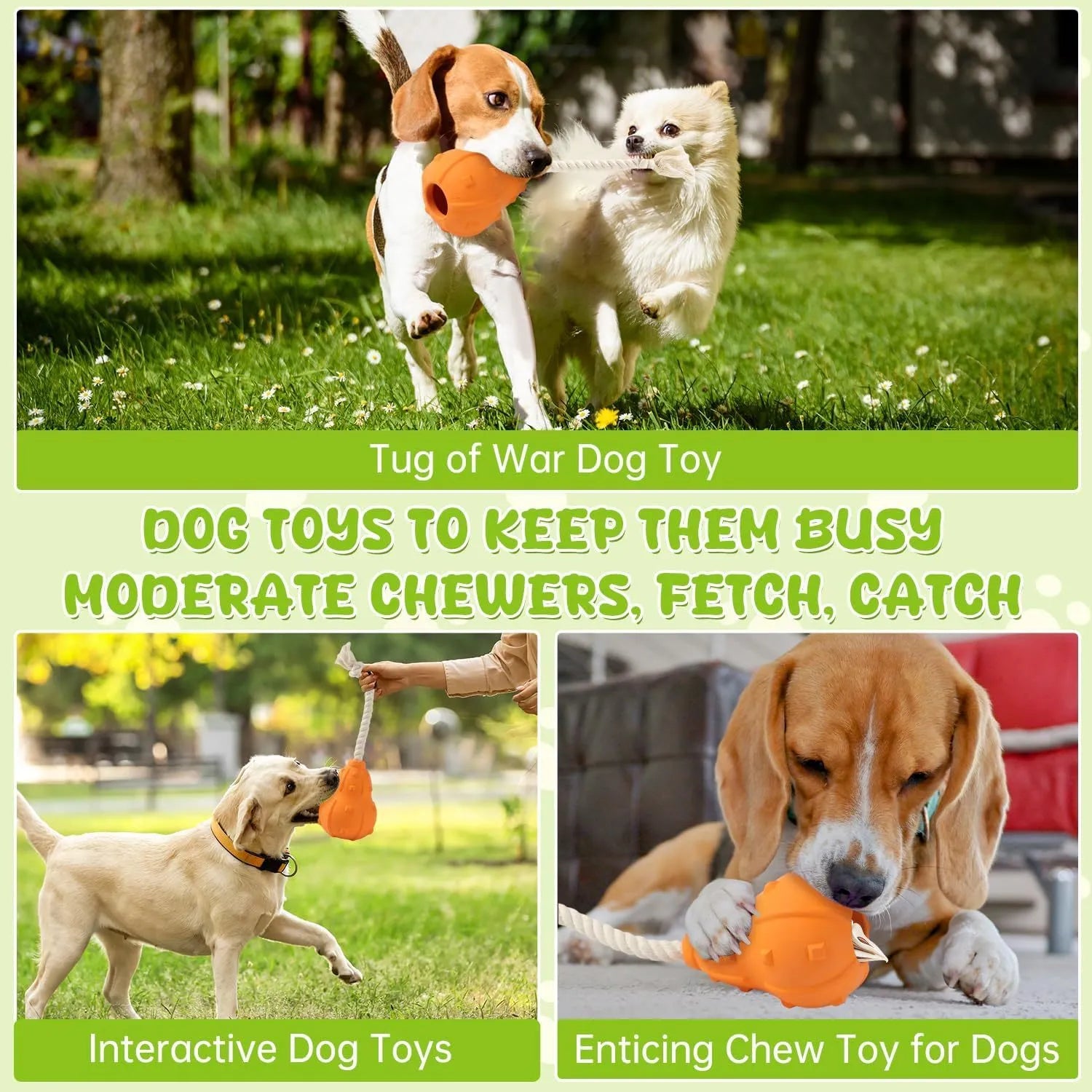 Durable natural rubber dog toy for small medium breeds, shown with a longer strap for fetch.