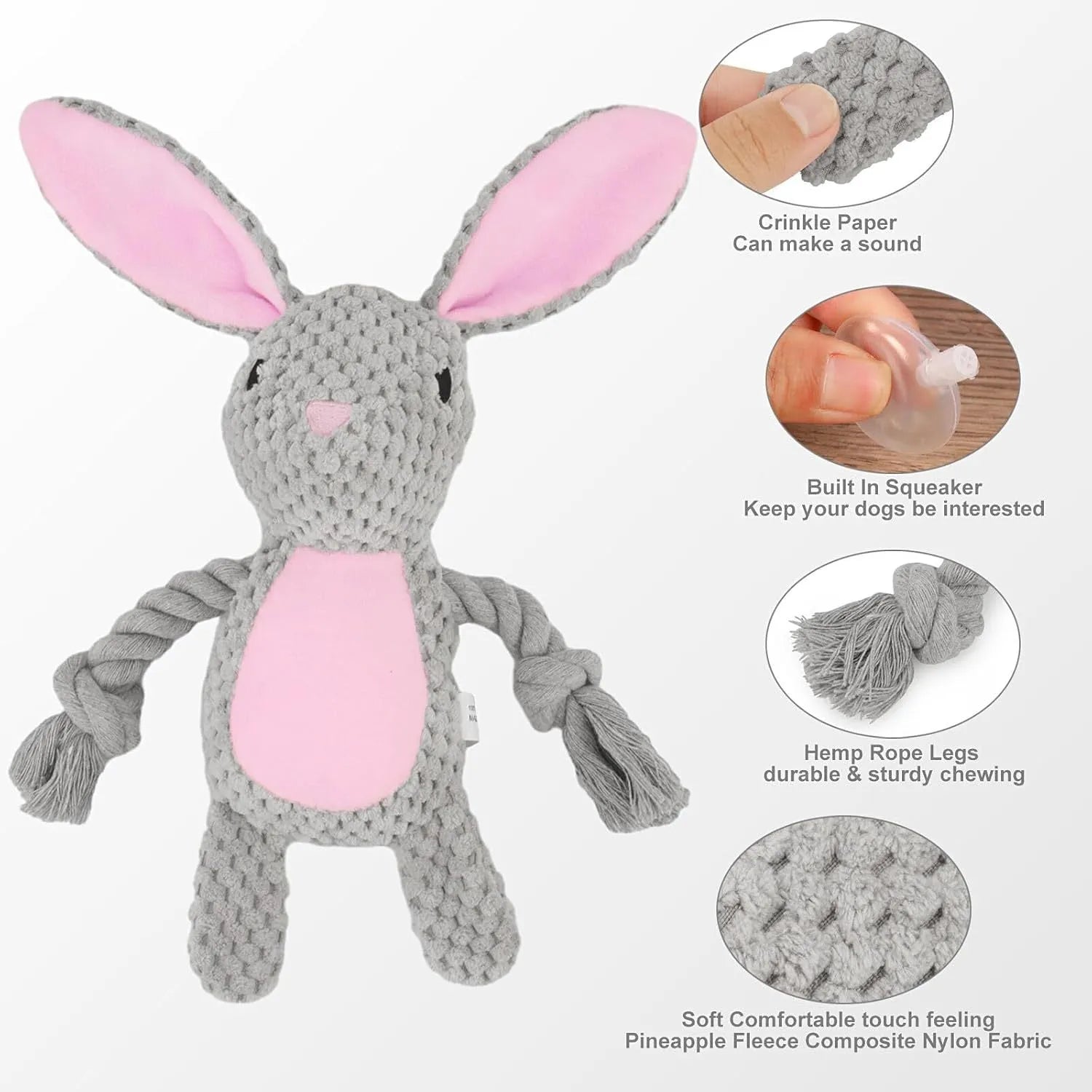 Soft plush dog toy with animal design, cotton rope tail, and internal squeaker and crinkle paper