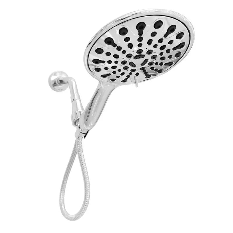 6-inch six-function handheld shower with electroplated finish showing spray pattern options