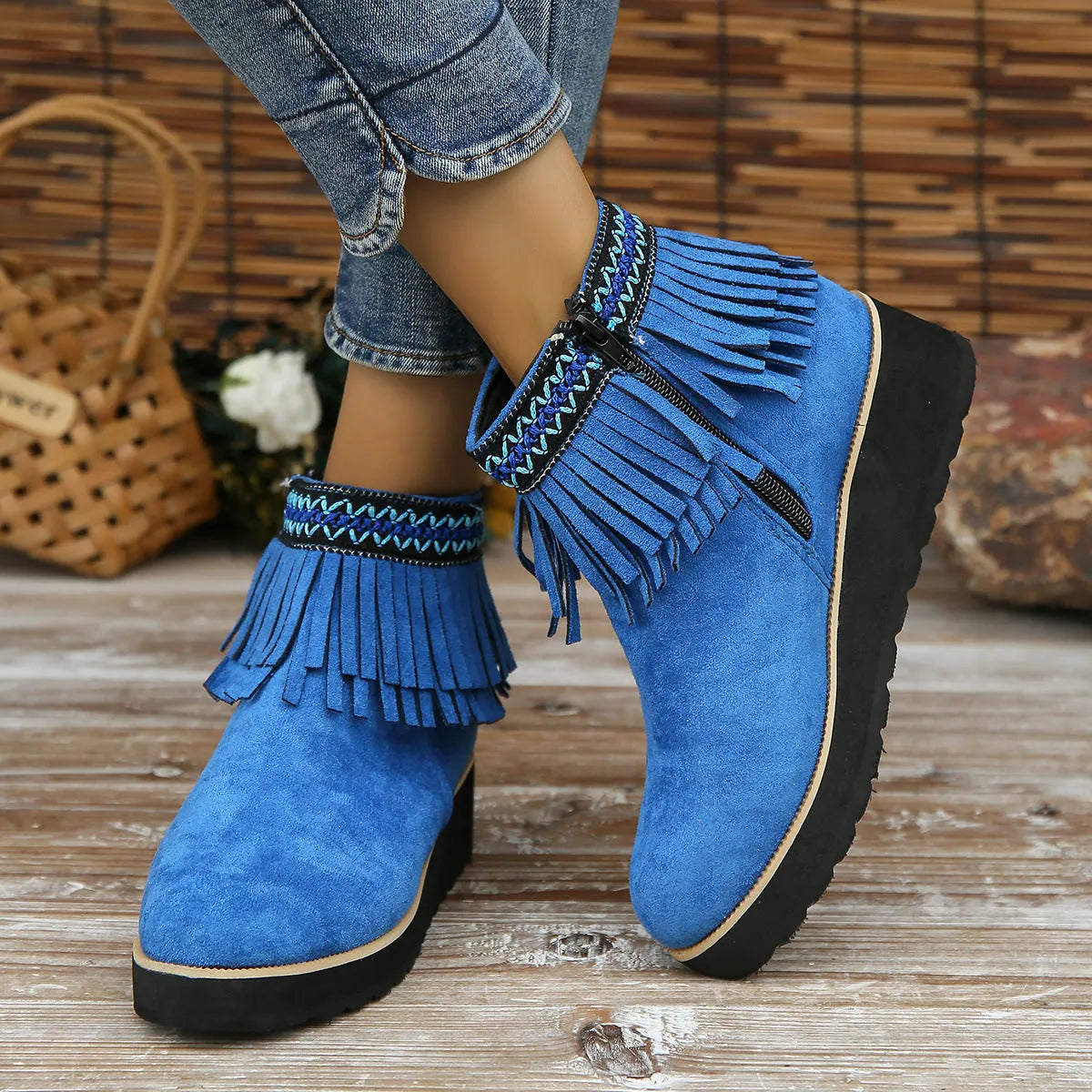 Women's suede wedge ankle boot with thick rubber sole and side zip in black, blue, or dark brown