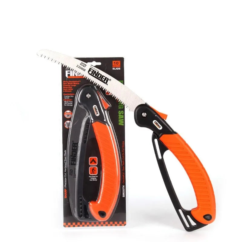 A folded and unfolded view of a black TPR grip folding pruning saw with a 9-inch 65MN steel blade.