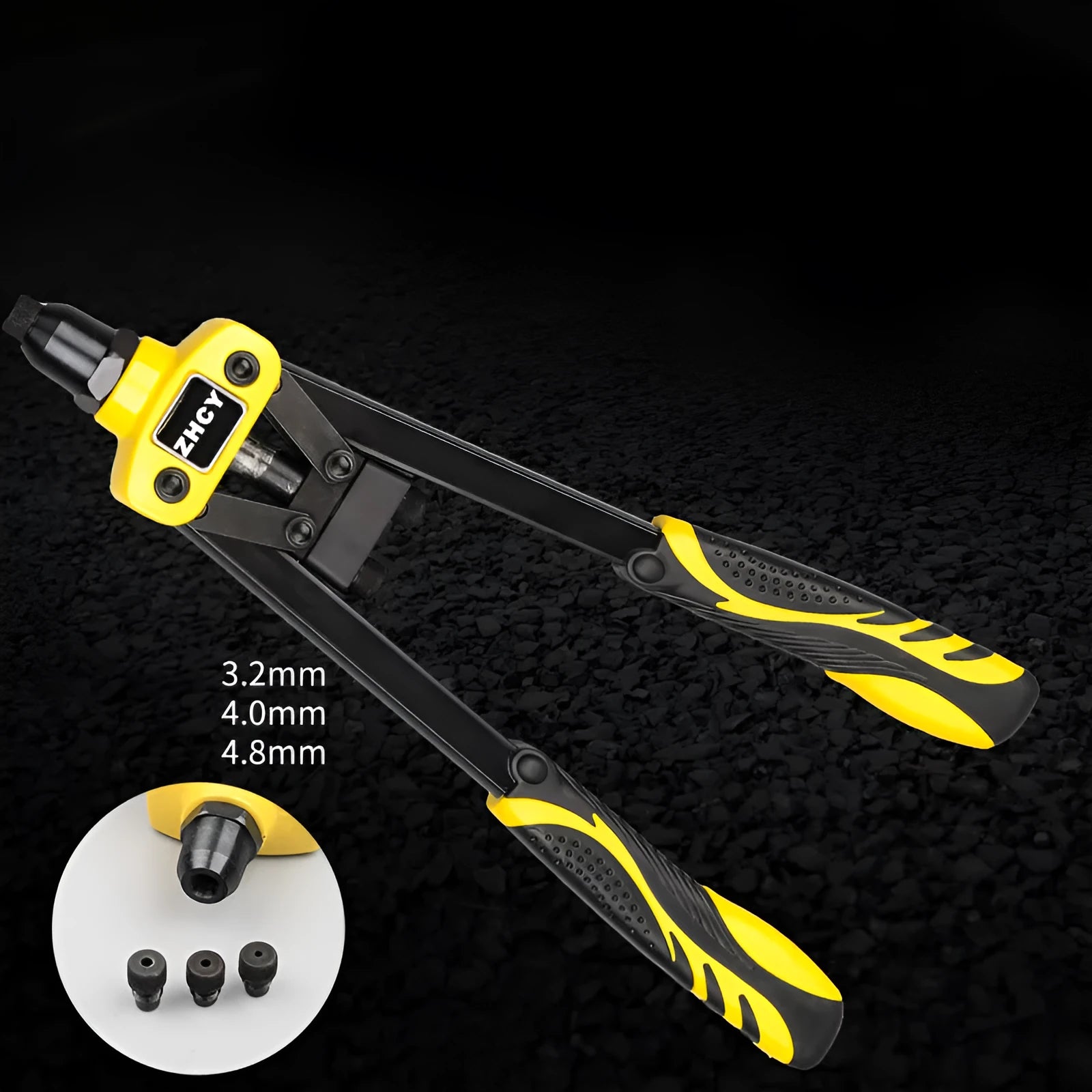 Yellow 13-inch manual rivet gun for household use with built-in tips.