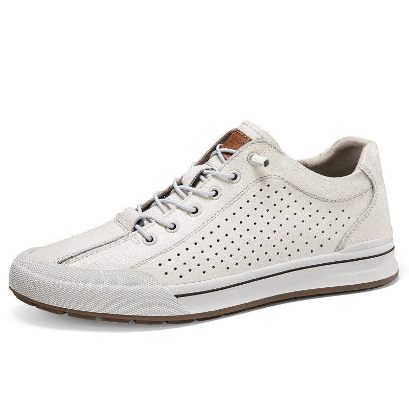 Men's white matte leather casual shoes with round toe and flat heel.