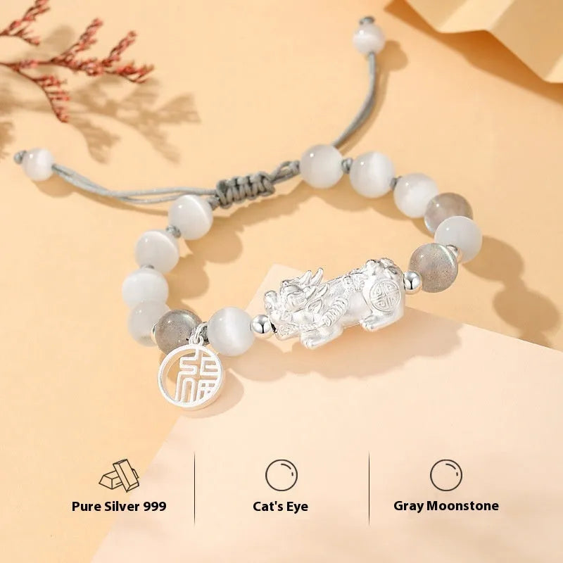 Sterling silver couple bracelets with hand-woven DIY watch band and animal tassel national style elements
