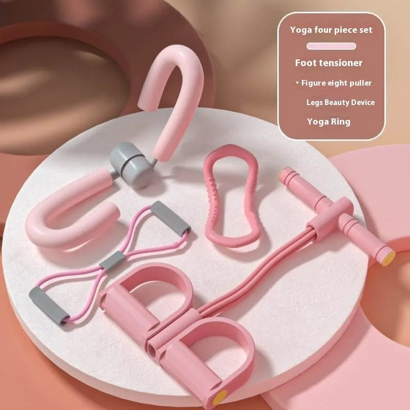 Four-piece yoga fitness set showing leg stretcher, yoga ring, pedal puller, and figure-eight tension rope.