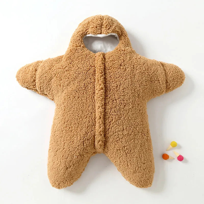Cashmere and cotton baby sleeping bag with hood, zipper, and cuffs for 0–6 month winter use